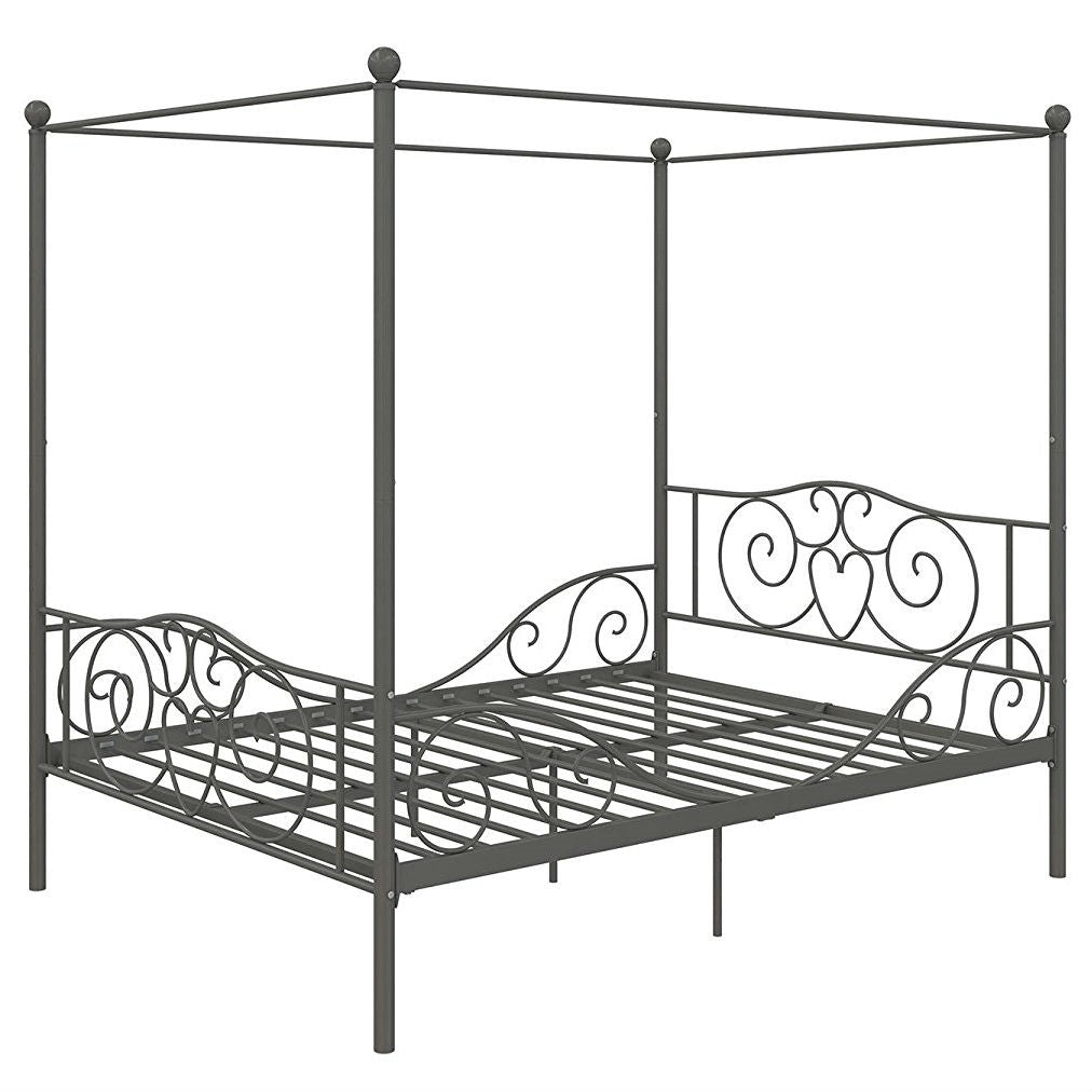 Full size Heavy Duty Metal Canopy Bed Frame in Pewter Finish - Deals Kiosk