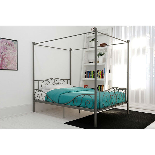 Full size Heavy Duty Metal Canopy Bed Frame in Pewter Finish - Deals Kiosk