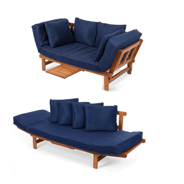 Navy Blue Outdoor Acacia Wood Convertible Sofa Futon with 4 Removable Pillows - Deals Kiosk