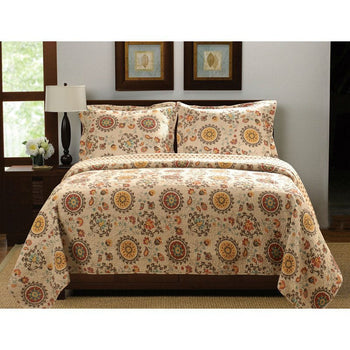 King Retro Moon Shaped Floral Medallion Reversible 3 Piece Quilt Set - Deals Kiosk