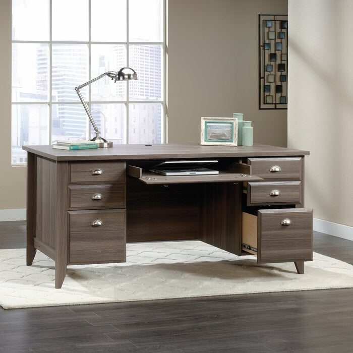 Gray Ash Brown Executive Computer Office Desk with Keyboard Tray - Made In USA - Deals Kiosk