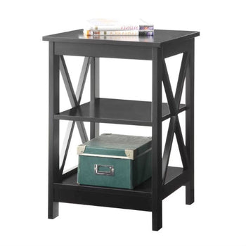 Black Wood X-Design End Table Nightstand with 3 Open Shelves - Deals Kiosk