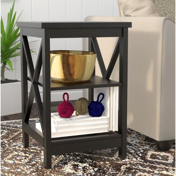 Black Wood X-Design End Table Nightstand with 3 Open Shelves - Deals Kiosk