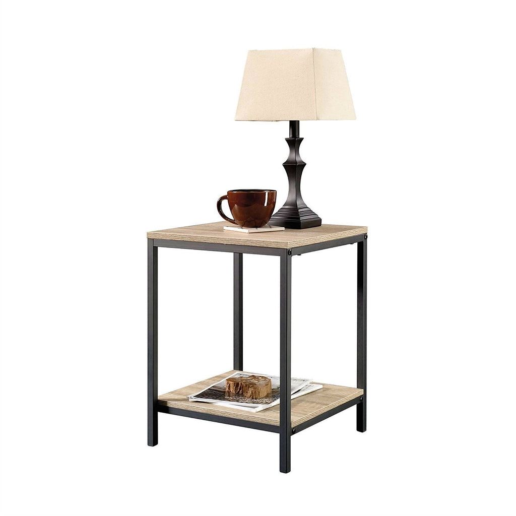 Modern Black Metal Frame End Table with Oak Finish Wood Top and Bottom Shelf - Deals Kiosk