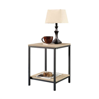 Modern Black Metal Frame End Table with Oak Finish Wood Top and Bottom Shelf - Deals Kiosk