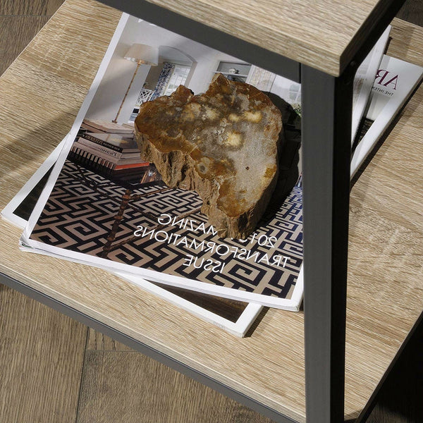 Modern Black Metal Frame End Table with Oak Finish Wood Top and Bottom Shelf - Deals Kiosk