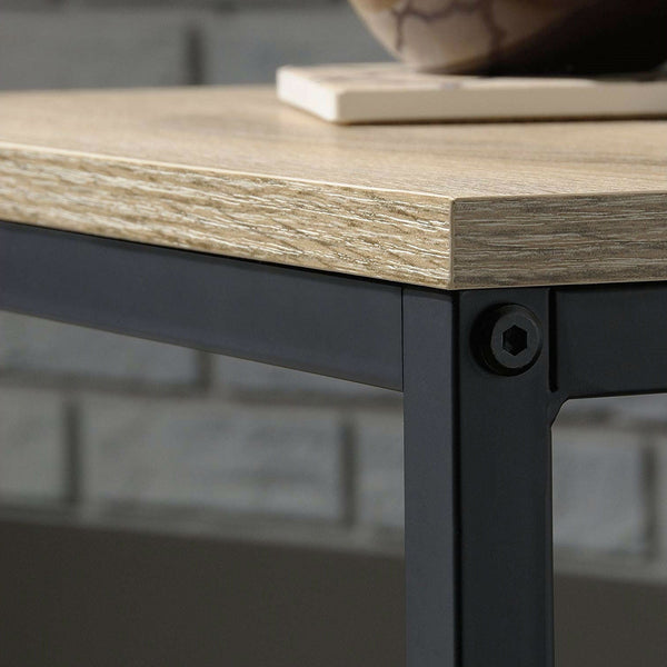 Modern Black Metal Frame End Table with Oak Finish Wood Top and Bottom Shelf - Deals Kiosk