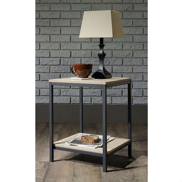 Modern Black Metal Frame End Table with Oak Finish Wood Top and Bottom Shelf - Deals Kiosk