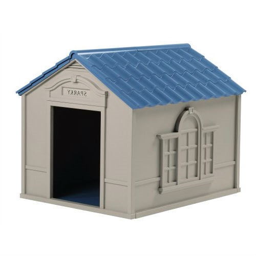 Outdoor Dog House in Taupe and Blue Roof Durable Resin - For Dogs up to 100 lbs - Deals Kiosk
