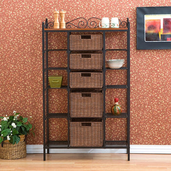 Classic Black Iron Bakers Rack with 5 Rattan Baskets - Deals Kiosk