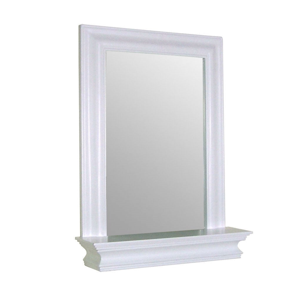Framed Bathroom Mirror Rectangular Shape with Bottom Shelf in White Wood Finish - Deals Kiosk