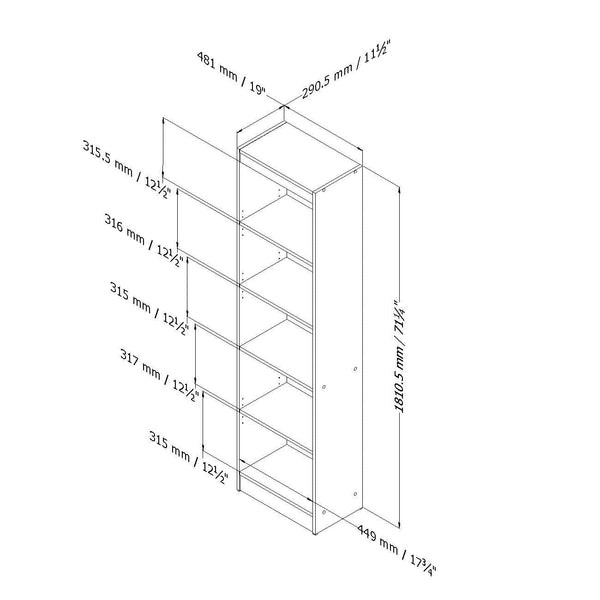 5-Shelf Narrow Bookcase Storage Shelves in White Wood Finish - Deals Kiosk
