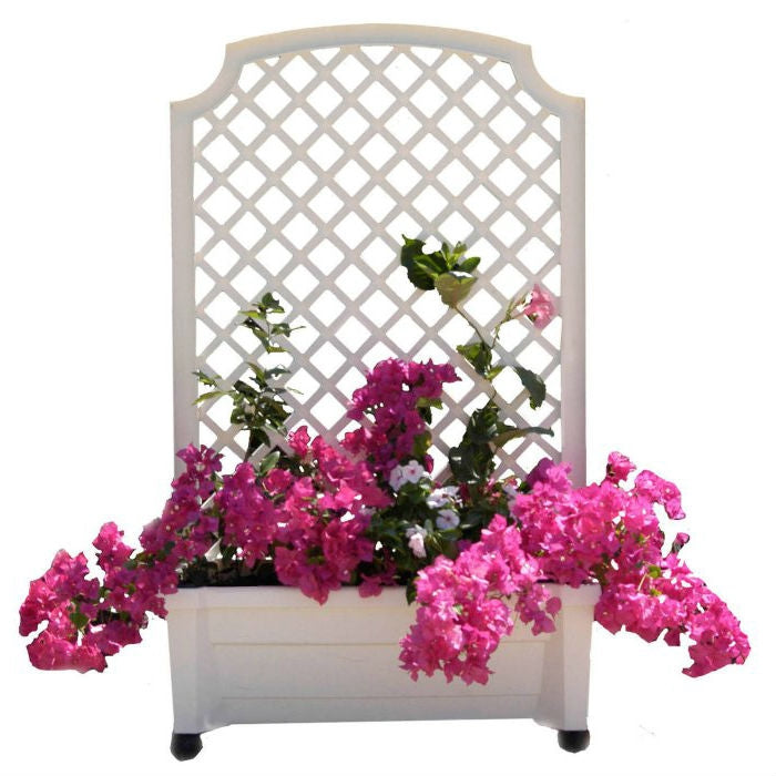 Indoor/Outdoor White Plastic Self Watering Planter with Trellis on Wheels - Deals Kiosk
