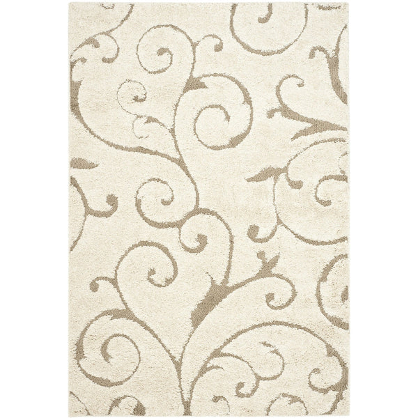 3'3 x 5'3 Shag Area Rug in Beige Off White with Scrolling Floral Pattern
