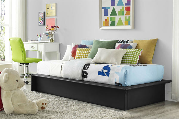 Black Faux Leather Upholstered Platform Bed Frame with Wood Slats in Twin - Deals Kiosk