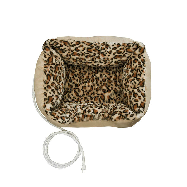 Heated Pet Bed for Small Dog or Cat with Leopard Print Padded Cushion - Deals Kiosk