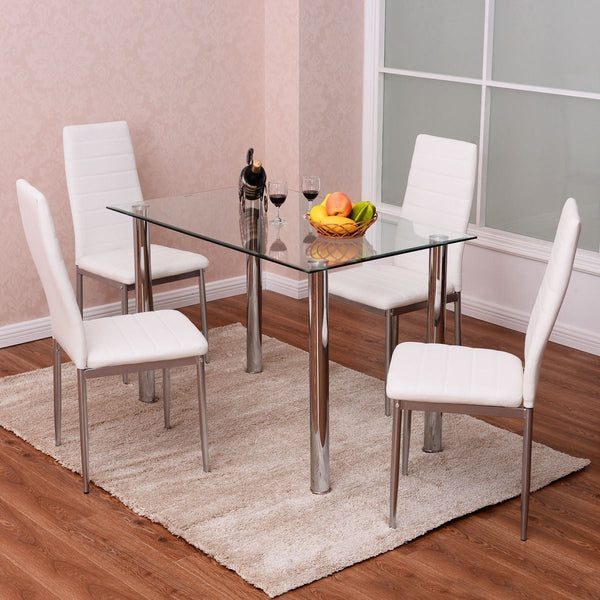 5 Piece Silver White Tempered Glass Top Dining Table Set with Chairs - Deals Kiosk