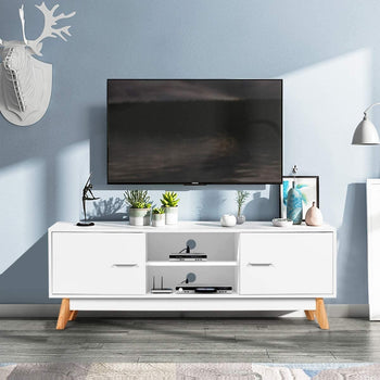 Modern 55-inch Solid Wood TV Stand in White Finish and Mid-Century Legs - Deals Kiosk