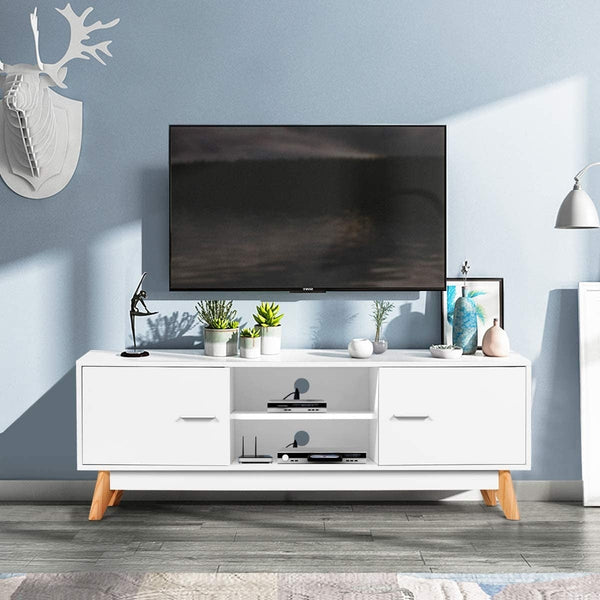 Modern 55-inch Solid Wood TV Stand in White Finish and Mid-Century Legs - Deals Kiosk