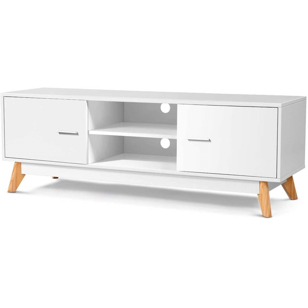 Modern 55-inch Solid Wood TV Stand in White Finish and Mid-Century Legs - Deals Kiosk