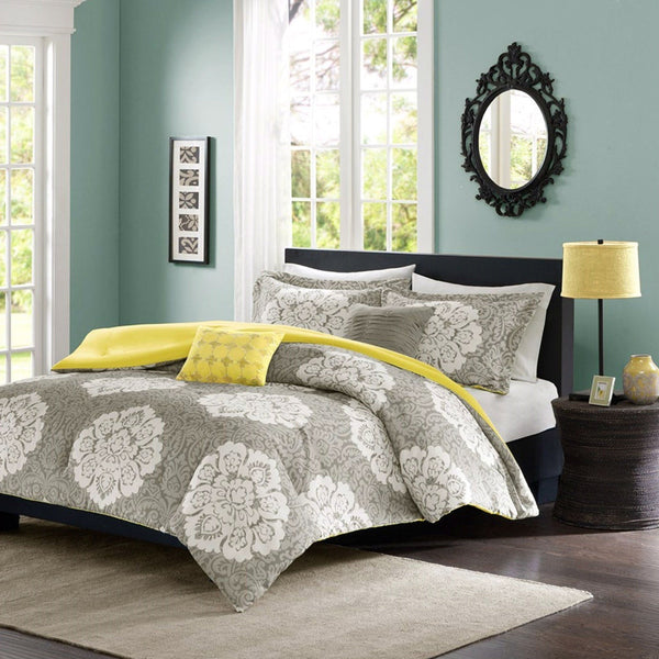 Full / Queen Grey White Damask Comforter Set with Soft Yellow Reverse - Deals Kiosk