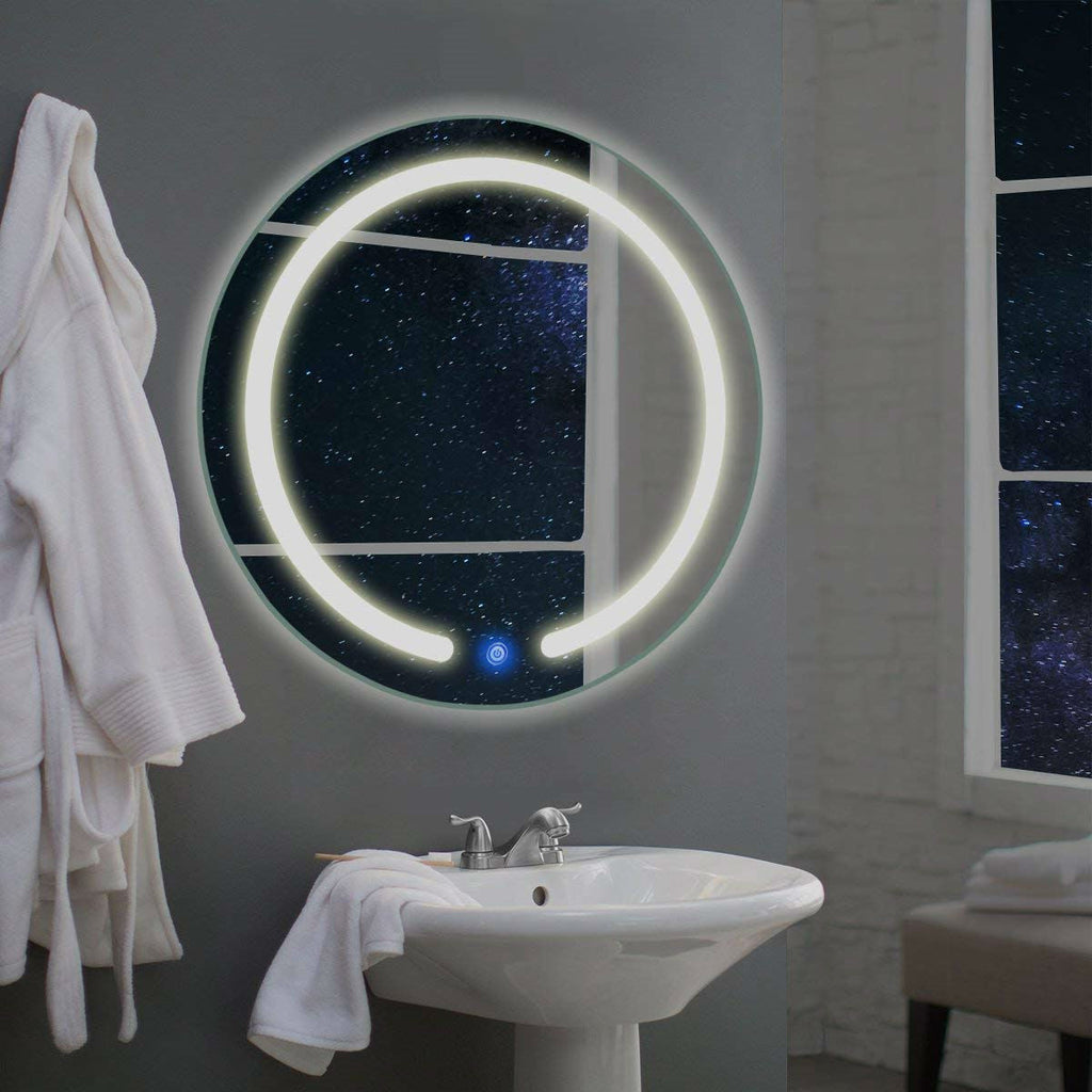 Modern 20-inch Round Bathroom Wall Mirror with Touch Button LED Light - Deals Kiosk