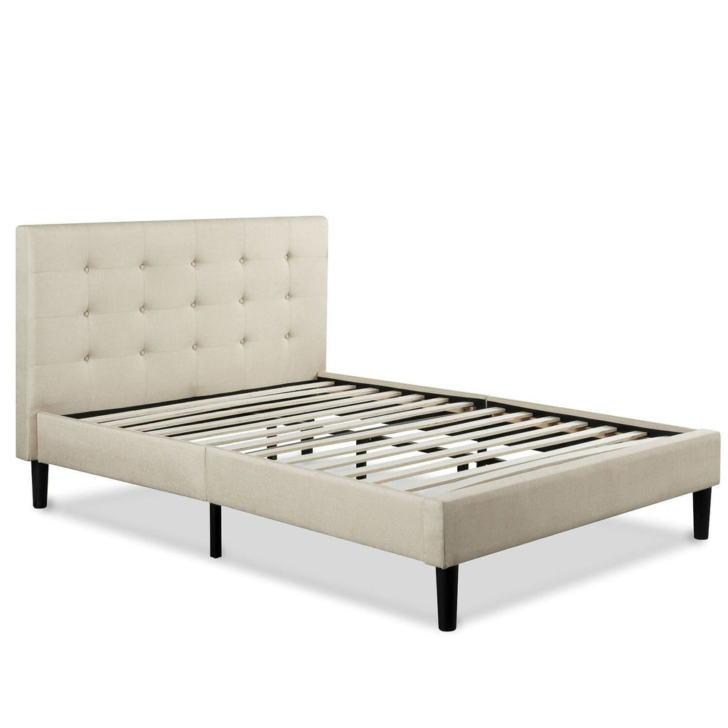 Full size Taupe Beige Upholstered Platform Bed Frame with Headboard - Deals Kiosk