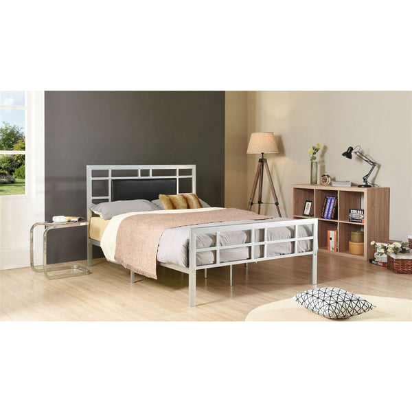 Full size Silver Metal Platform Bed Frame with Upholstered Headboard - Deals Kiosk