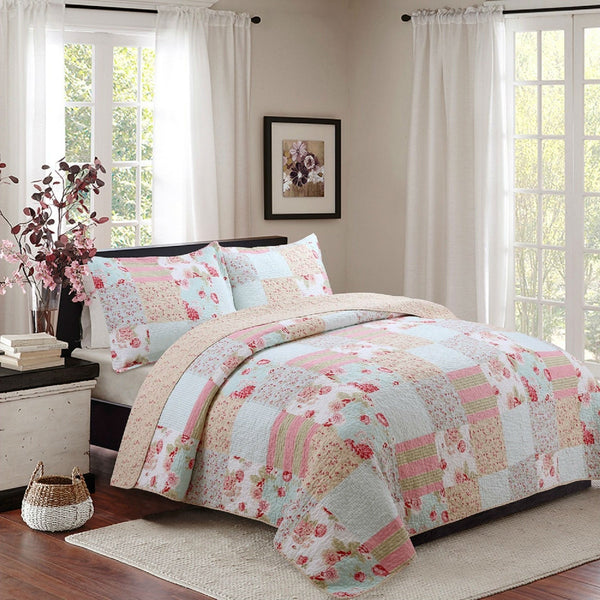 King size 3-Piece Cotton Patchwork Quilt Set with Pink Blue Floral Pattern - Deals Kiosk