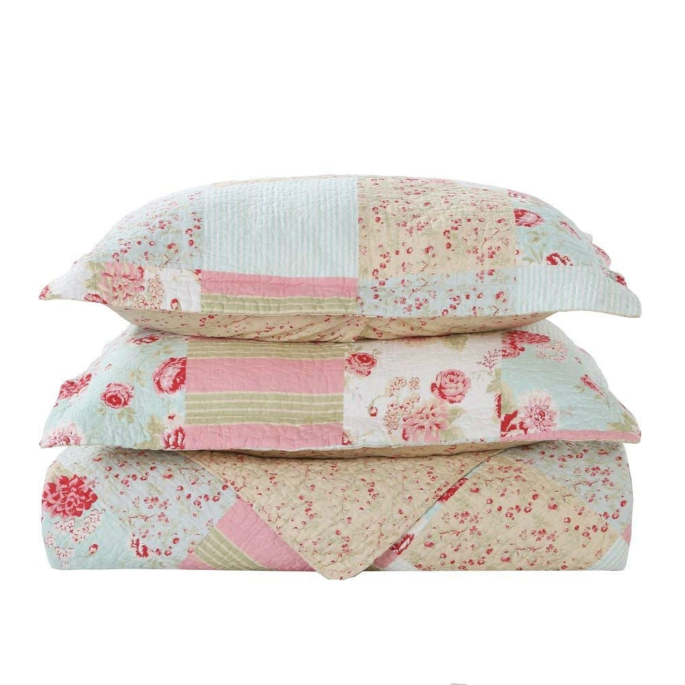 King size 3-Piece Cotton Patchwork Quilt Set with Pink Blue Floral Pattern - Deals Kiosk