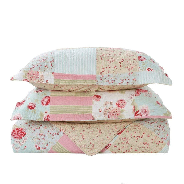 King size 3-Piece Cotton Patchwork Quilt Set with Pink Blue Floral Pattern - Deals Kiosk