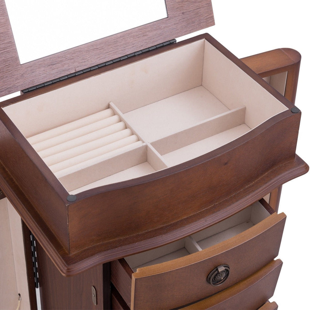 Brown Wood 8-Drawer Jewelry Armoire Chest Storage Cabinet with Mirror - Deals Kiosk