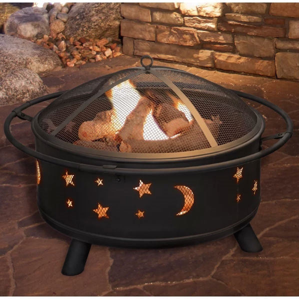 Heavy Duty Steel Metal Wood Burning Fire Pit with Moon and Stars Cutouts - Deals Kiosk