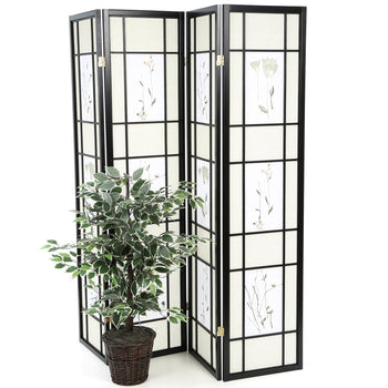 Black 4-Panel Room Divider Shoji Screen with Asian Floral Print - Deals Kiosk