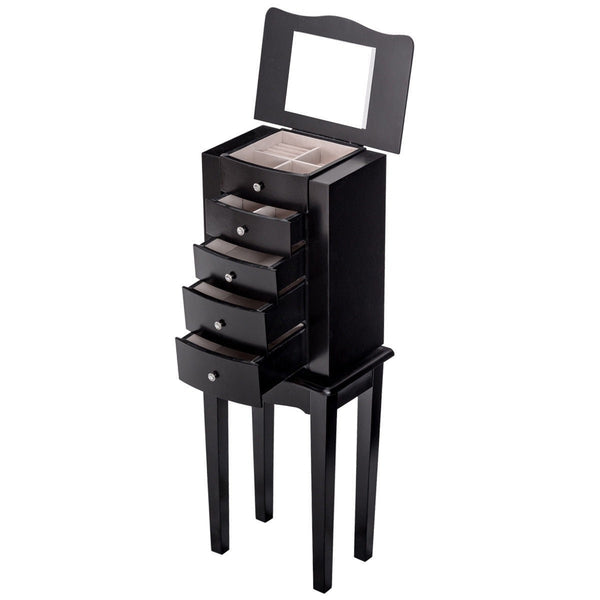 Black Wood 5-Drawer Jewelry Chest Storage Chest Cabinet with Mirror - Deals Kiosk