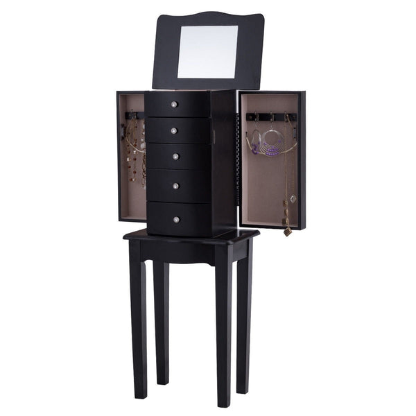 Black Wood 5-Drawer Jewelry Chest Storage Chest Cabinet with Mirror - Deals Kiosk
