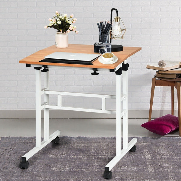 Mobile Adjustable Height Sit Standing Stand Up Desk in White Oak - Deals Kiosk