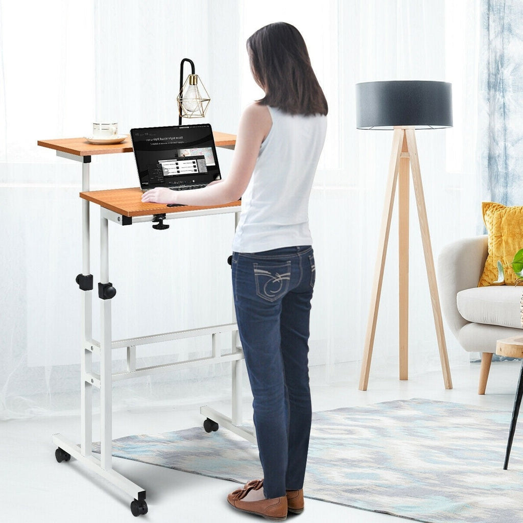 Mobile Adjustable Height Sit Standing Stand Up Desk in White Oak - Deals Kiosk
