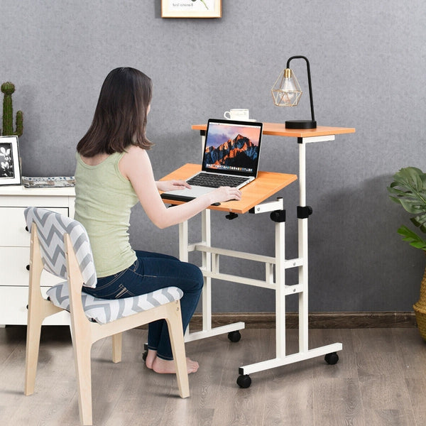 Mobile Adjustable Height Sit Standing Stand Up Desk in White Oak - Deals Kiosk