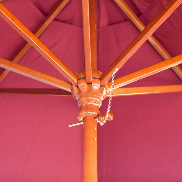 Commercial Grade 9-Ft Wood Market Umbrella with Burgundy Red Sunbrella Canopy - Deals Kiosk