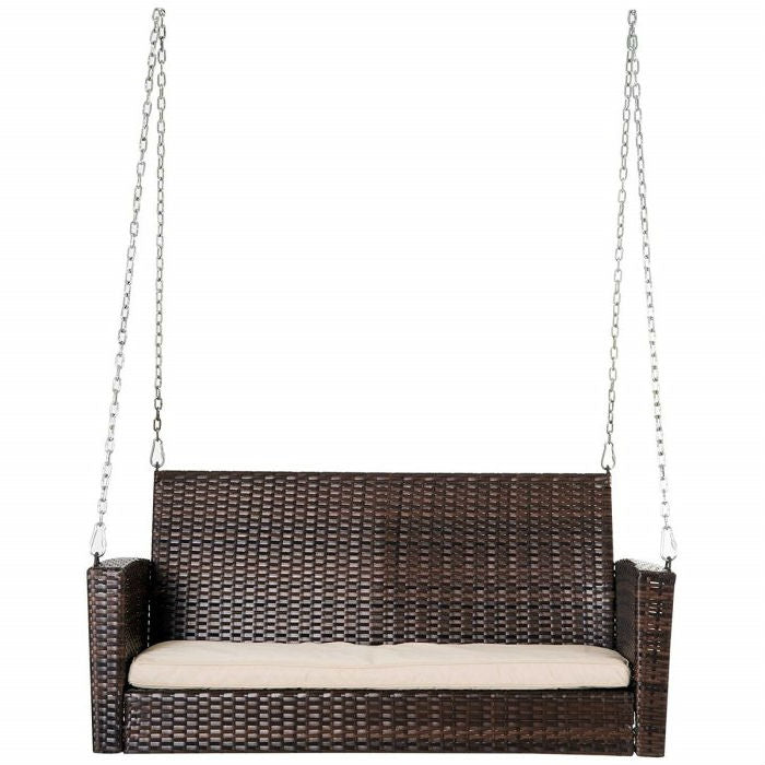 Brown Resin Wicker 2-Person Porch Swing Loveseat with Tan Cushion