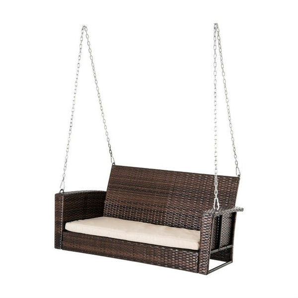 Brown Resin Wicker 2-Person Porch Swing Loveseat with Tan Cushion - Deals Kiosk