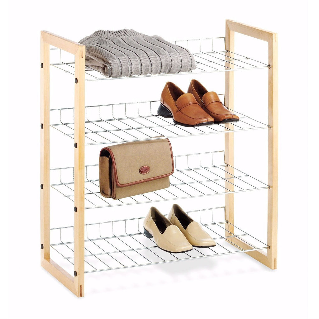 4-Shelf Closet Shoe Rack with Natural Wood Frame and Chrome Wire Shelves - Deals Kiosk