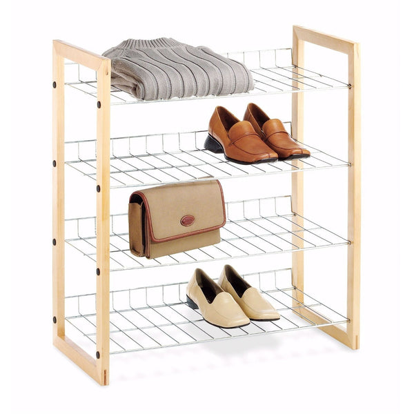 4-Shelf Closet Shoe Rack with Natural Wood Frame and Chrome Wire Shelves - Deals Kiosk