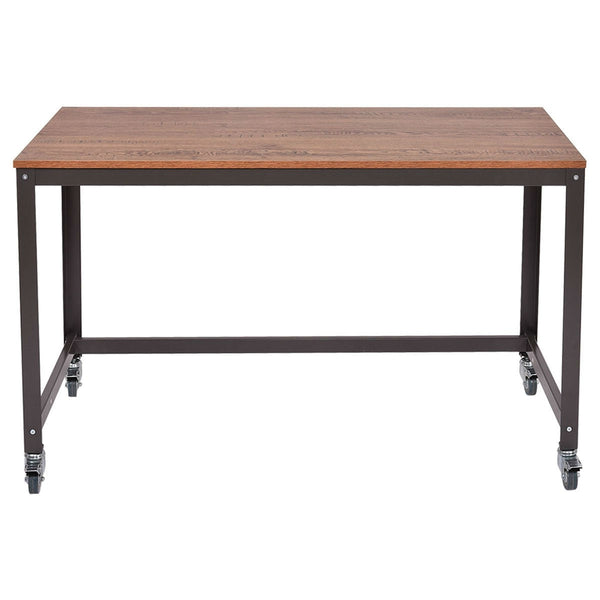 Industrial Modern Steel Frame Wood Top Computer Desk with Locking Wheels - Deals Kiosk