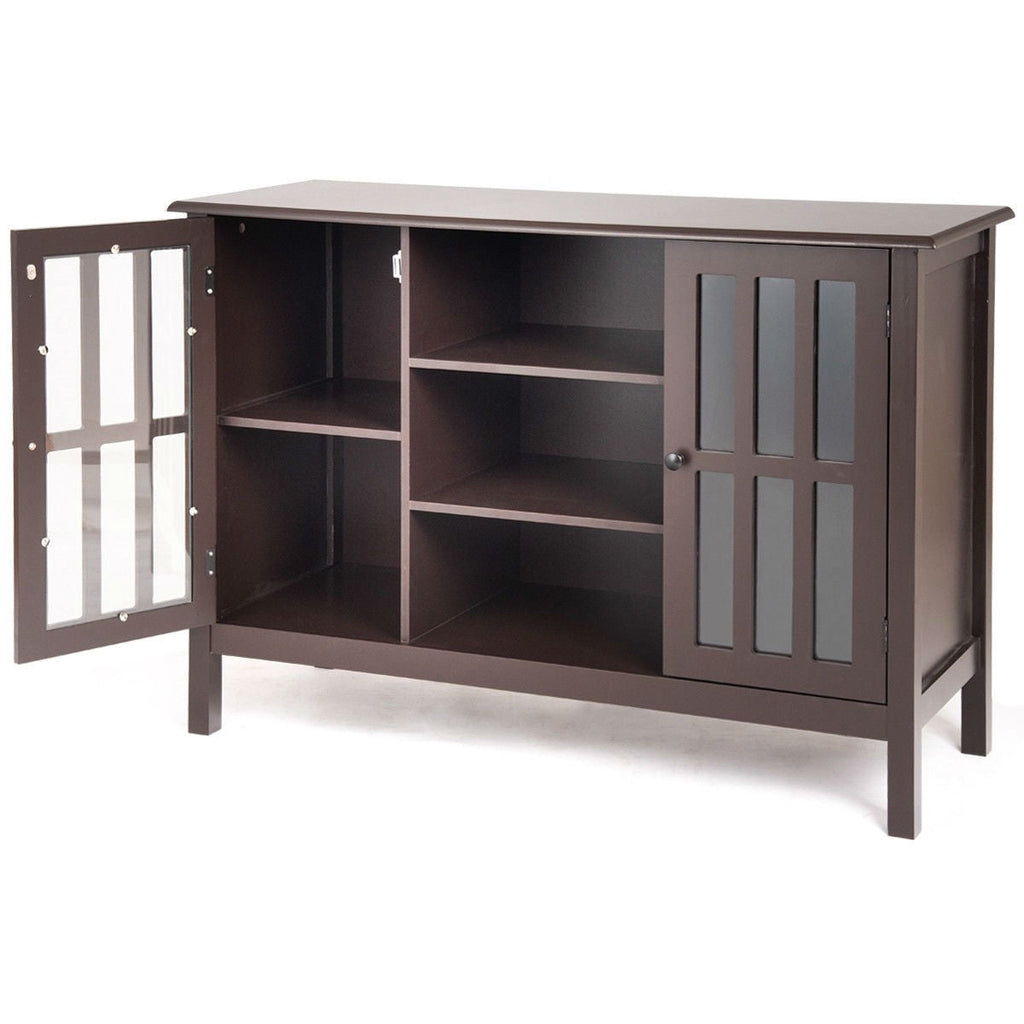 Brown Wood Sofa Tale Console Cabinet with Tempered Glass Panel Doors - Deals Kiosk