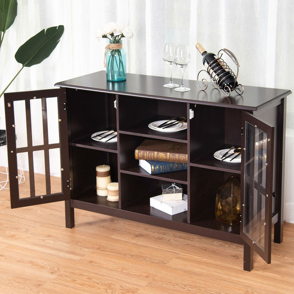 Brown Wood Sofa Tale Console Cabinet with Tempered Glass Panel Doors - Deals Kiosk