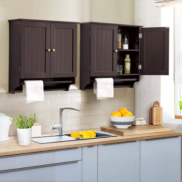 Espresso 2-Door Bathroom Wall Cabinet Cupboard with Towel Bar - Deals Kiosk