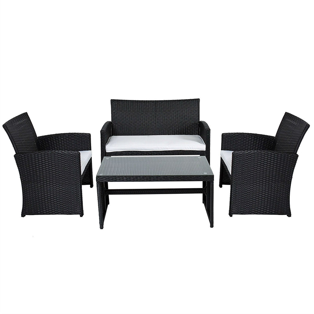 Black Resin Wicker 4-Piece Outdoor Patio Furniture Set with White Seat Cushions
