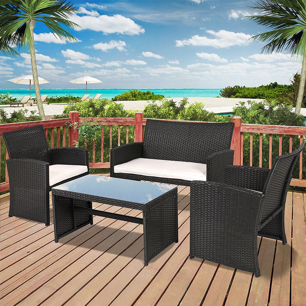 Black Resin Wicker 4-Piece Outdoor Patio Furniture Set with White Seat Cushions - Deals Kiosk